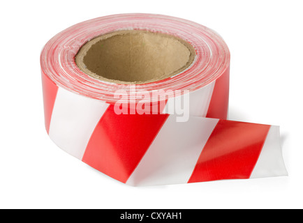 Roll of red white barrier tape isolated on white Stock Photo