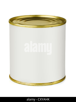 Tin can with blank white label isolated on white Stock Photo