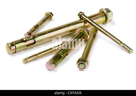 Various new anchor bolts isolated on white Stock Photo