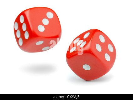 Two rolling red dice isolated on white Stock Photo