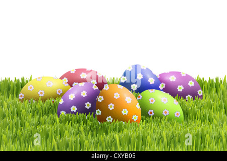 Colourfully painted Easter eggs on green grass Stock Photo