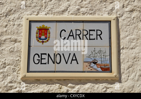 Sign 'Carrer Genova', Genoa Street, many of the inhabitants of Tabarca come from Genoa, Island of Tabarca, Isla de Tabarca Stock Photo