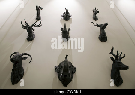 Wall in a house with plenty wild animals hunting trophy Stock Photo