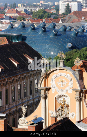 Kunsthaus, art house, and Dreifaltigkeitskirche, Trinity Church, view from Schlossberg, castle hill, Graz, Styria, Austria Stock Photo