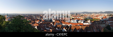 Panoramic view from Schlossberg, castle hill, cathedral, left, Town Hall, centre, Mariahilferkirche, Mariahilf Church, right Stock Photo