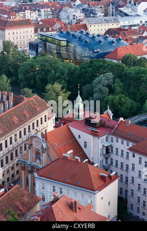 Kunsthaus, art house, river Mur, Palais Attems and Dreifaltigkeitskirche, Trinity Church, view from Schlossberg, castle hill Stock Photo