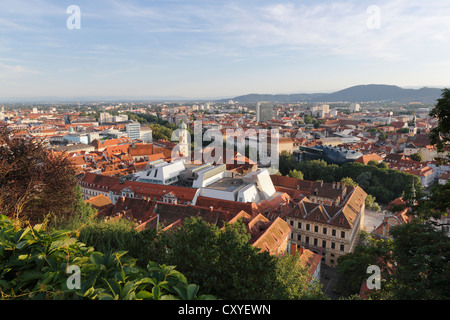 View from Schlossberg, castle hill, Franciscan Church and Café Lounge in the roof of Kastner and Oehler, Graz, Stryria, Europe Stock Photo