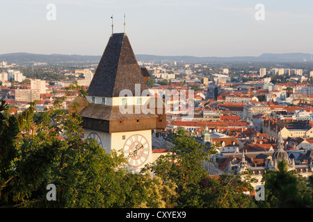 Clock tower on Schlossberg, castle hill, Graz, Styria, Austria, Europe, PublicGround Stock Photo