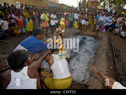 Young Suffering Child Succeeding Fire Walking Ritual In Front Of A Large Audience , Madurai, South India Stock Photo