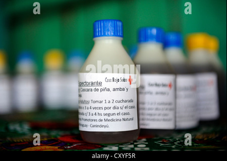 Medicine, made from the herbs of the village's own garden for medicinal plants, in plastic bottles Stock Photo