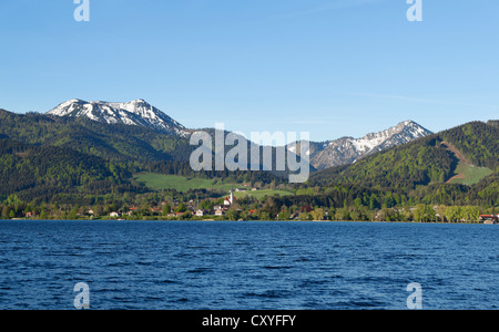 Bad Wiessee with Hirschberg mountain and Fockenstein mountain, lake Tegernsee, Tegernsee valley, Mangfall Mountains Stock Photo