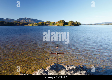 Staffelsee Lake, cross, Seehausen, view of Woerth Island, Upper Bavaria, Bavaria, PublicGround Stock Photo