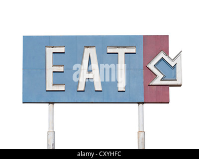 Vintage blue eat arrow sign near historic route 66. Stock Photo