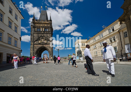 South Gate to the historic Karluv most, Charles Bridge, Prague, Czech Republic, Europe Stock Photo