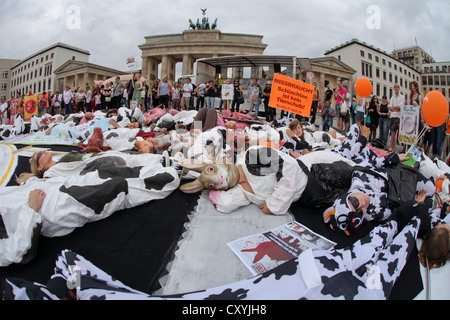 Die-in action at the start of the veggie parade, vegans and vegetarians protesting under the slogan eat peace for a diet without Stock Photo