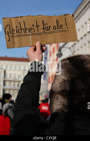 A sign, lettering 'Gleichheit fuer alle', German for 'Egality for all', protest against racism with the slogan: Welcome to Stock Photo