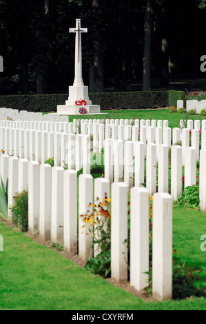 Grave stones and a cross in Airborne Cemetery, Arnhem Oosterbeek War Cemetery, Oosterbeek, Arnhem, Gelderland, Netherlands Stock Photo