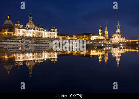 Reflection of the historic city centre of Dresden in the Elbe River at night, Saxony Stock Photo