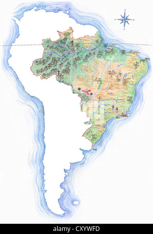 Highly detailed hand-drawn map of Brazil within the outline of South America with a compass rose and the equator Stock Photo