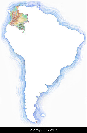 Highly detailed hand-drawn map of Colombia within the outline of South America Stock Photo
