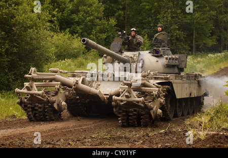 T-55M main battle tank of the Finnish Army with KMT-5 mine clearing roller. Stock Photo