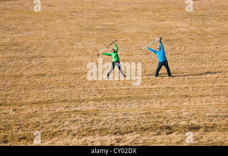 Senior couple doing exercises with walking sticks in a meadow Stock Photo