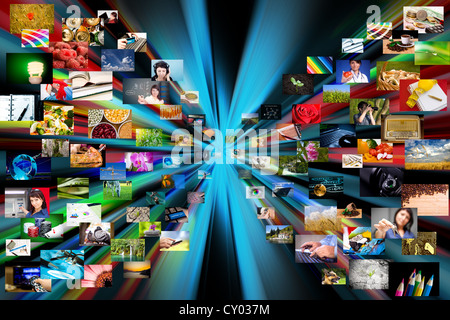 A variety of photos are projecting out of a black background. Use it for a photography internet gallery or digital movie concept Stock Photo