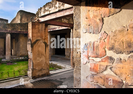Casa dei Cerv (House of the Deer), ruins of the old Roman city of Herculaneum near Naples, Italy. Remains of an ancient fresco. Stock Photo