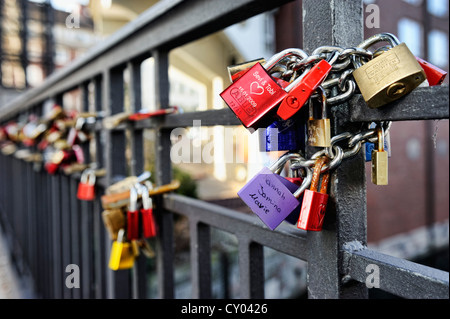 Love padlocks on St. Michael's Bridge in the Neustadt district of Hamburg Stock Photo