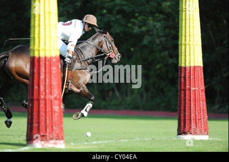 A polo player is hitting the ball into the goal Stock Photo