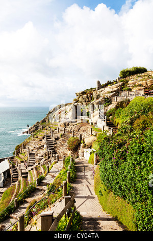 Minack Theatre, Cornwall outdoor outside seating area and stage steps going down to stage area Stock Photo