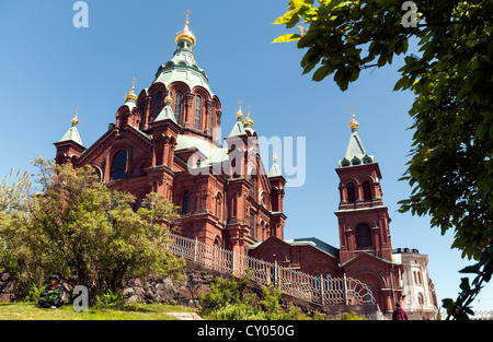 Uspenski Cathedral set upon a hillside on the Katajanokka peninsula overlooking the city of Helsinki, Finland Stock Photo