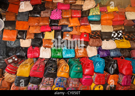 Colourful leather bags and handbags, Fès, Fez, Fès-Boulemane, Morocco, North Africa, Maghreb, Africa Stock Photo