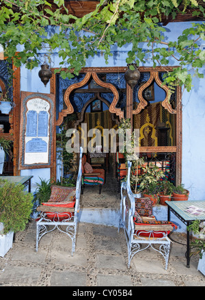 Entrance to a restaurant with decorations, Chefchaouen or Chaouen, Tanger-Tétouan, Morocco, Maghreb, North Africa, Africa Stock Photo