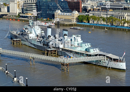 HMS Belfast originally a Royal Navy light cruiser  permanently moored in London on River Thames as part of Imperial War Museum Stock Photo