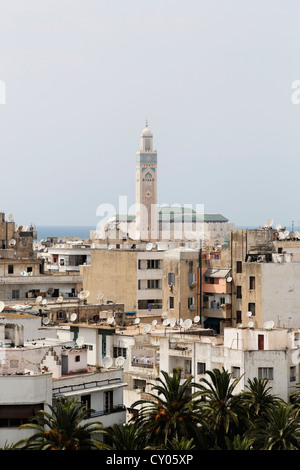 Elevated view of Casablanca city with Grand mosque and the atlantic ...