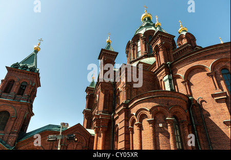 Uspenski Cathedral set upon a hillside on the Katajanokka peninsula overlooking the city of Helsinki, Finland Stock Photo