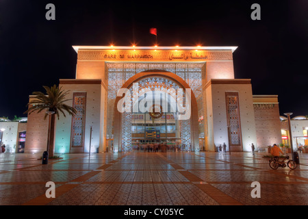 Station building at night, Marrakech, Marrakech-Tensift-El Haouz, Morocco, Mahgreb, North Africa, Africa Stock Photo