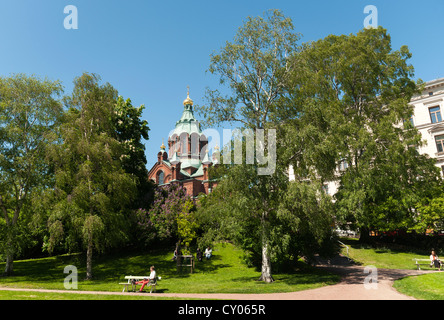 Uspenski Cathedral set upon a hillside on the Katajanokka peninsula overlooking the city of Helsinki, Finland Stock Photo