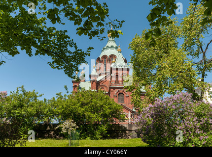 Uspenski Cathedral set upon a hillside on the Katajanokka peninsula overlooking the city of Helsinki, Finland Stock Photo