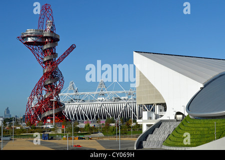 Part of Olympics sports stadium & ArcelorMittal Orbit tower in 2012 East London Olympic park legacy conversion work starts Stratford Newham England UK Stock Photo