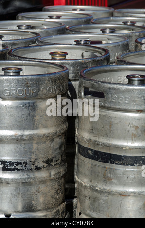 Close up a stack of beer kegs in Dublin street, Ireland Stock Photo