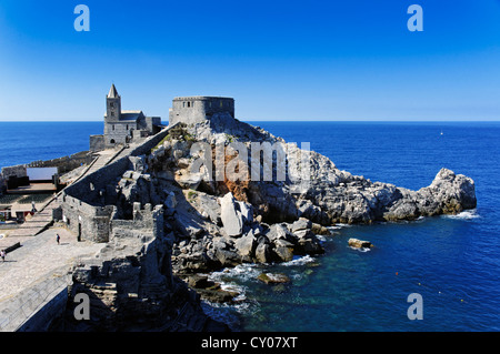 Spectacular view of St Peters church and stronghold in the Italian coastal town of Porto Venere Stock Photo