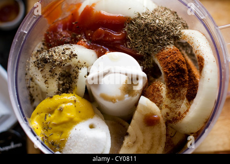 Barbecuesauce ingredients in a food processor Stock Photo