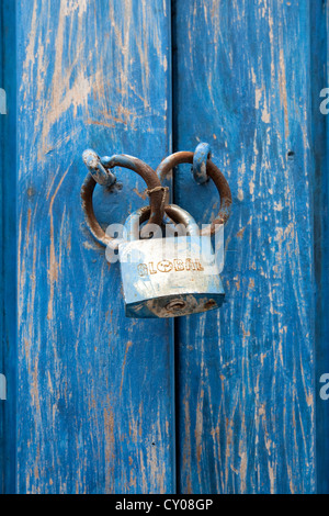 Padlocked Blue door, old walled city, Ciudad Amurallada, Cartagena de Indias, Colombia Stock Photo