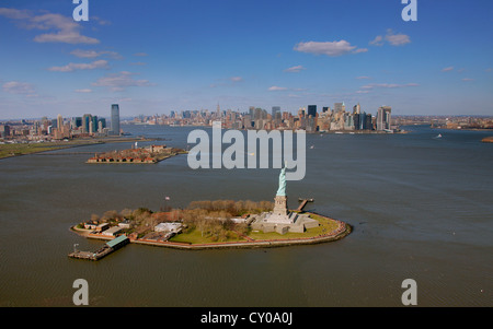 Aerial view, sightseeing flight, Statue of Liberty, Liberty Island and Ellis Island, New York City, New York, United States Stock Photo