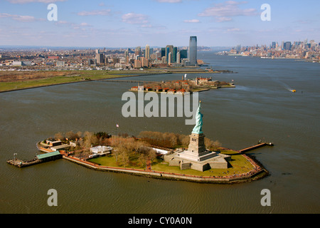 Aerial view, sightseeing flight, Statue of Liberty, Liberty Island and Ellis Island, New York City, New York, United States