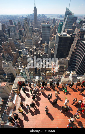 Viewing platform, view from the Rockefeller Center towards the skyline with the Empire State Building, New York City, New York Stock Photo