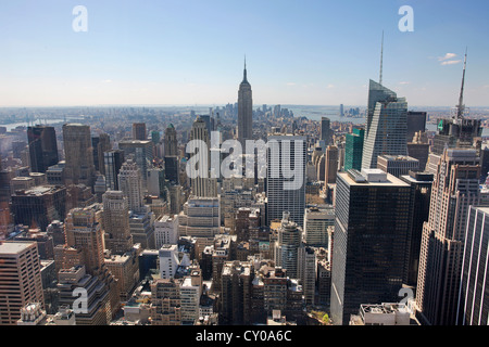 View from Rockefeller Center over the skyline with the Empire State Building, New York, New York, United States, North America