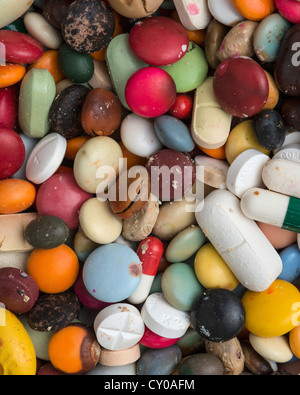 Expired medications, drugs, colourful mixture of pills, capsules and tablets, full-frame Stock Photo